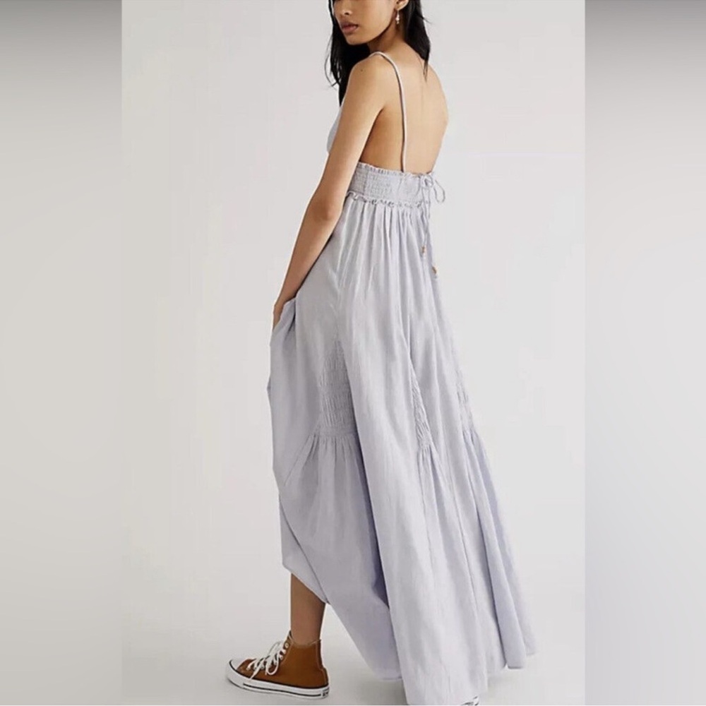 Free People Heat Haze Maxi Dress Triangle Top Smocked Long Cotton Linen Blue L - Picture 9 of 17